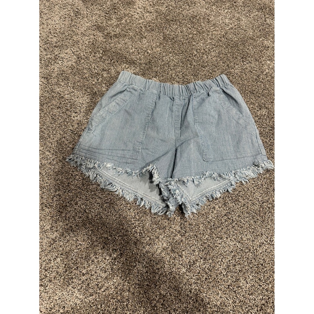 Unbranded Blue White Pinstripe Cotton Elastic Waist Frayed‎ Hem Shorts Womens M